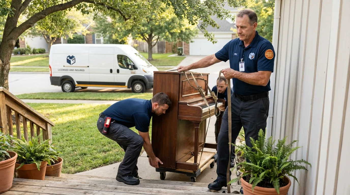 Licensed piano movers securing grand piano in Hillsboro, OH