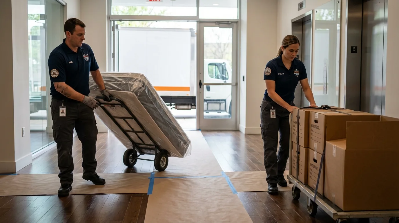 Professional apartment movers loading elevator in Hillsboro, OH