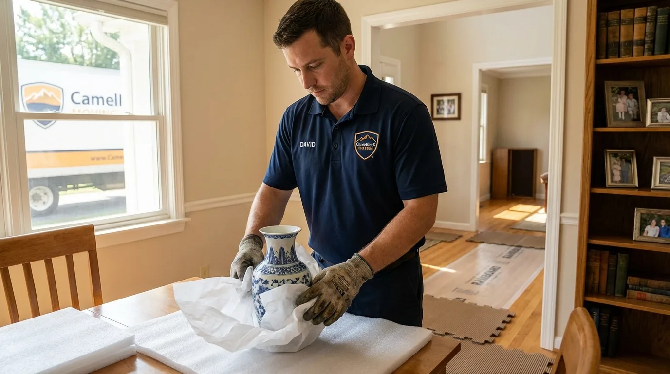 Professional crew carefully wrapping antique vase for senior downsizing move in Hillsboro, OH